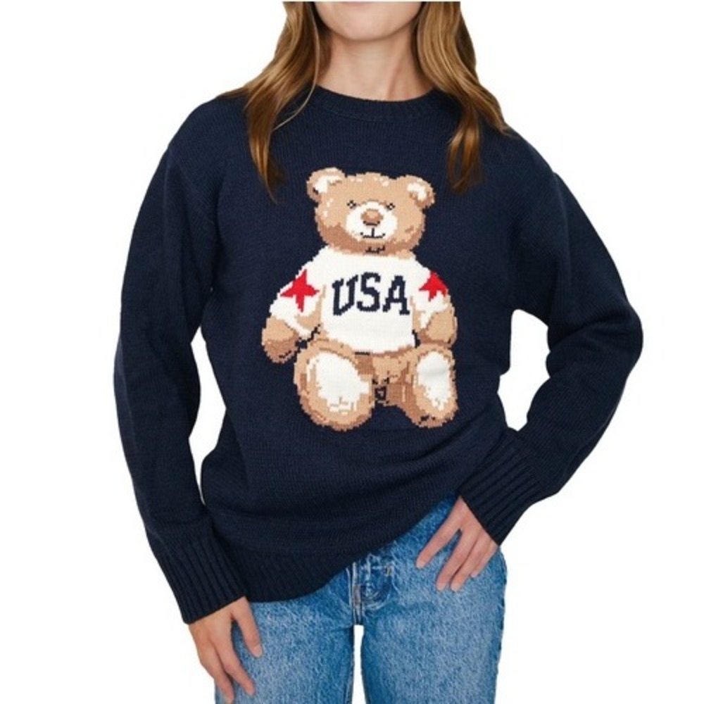 Americana Teddy Bear Mighty Fine Sweater XXL‎ Navy Blue USA Knit NWT